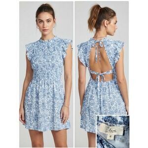 Elan Blue White Floral Smocked Backless Mini Dress Ruffle Sleeve Cotton Small